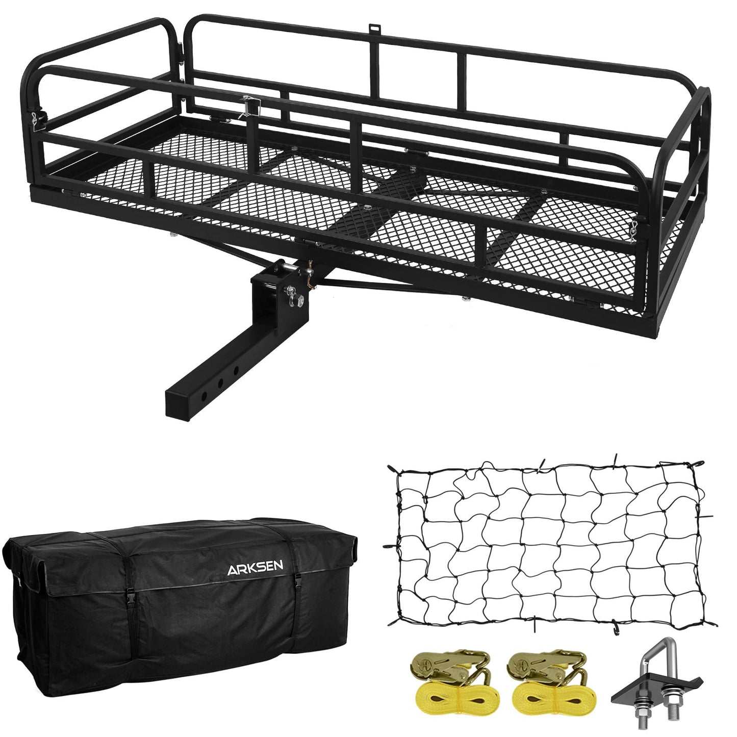 ARKSEN 60" x 25" x 14" Folding Cargo Rack Carrier with Bag, Net, Stabilizer & Straps 500 Lbs Heavy Duty Capacity 2 Inch Receiver Luggage Basket Hitch Fold Up for SUV Pickup Camping Traveling