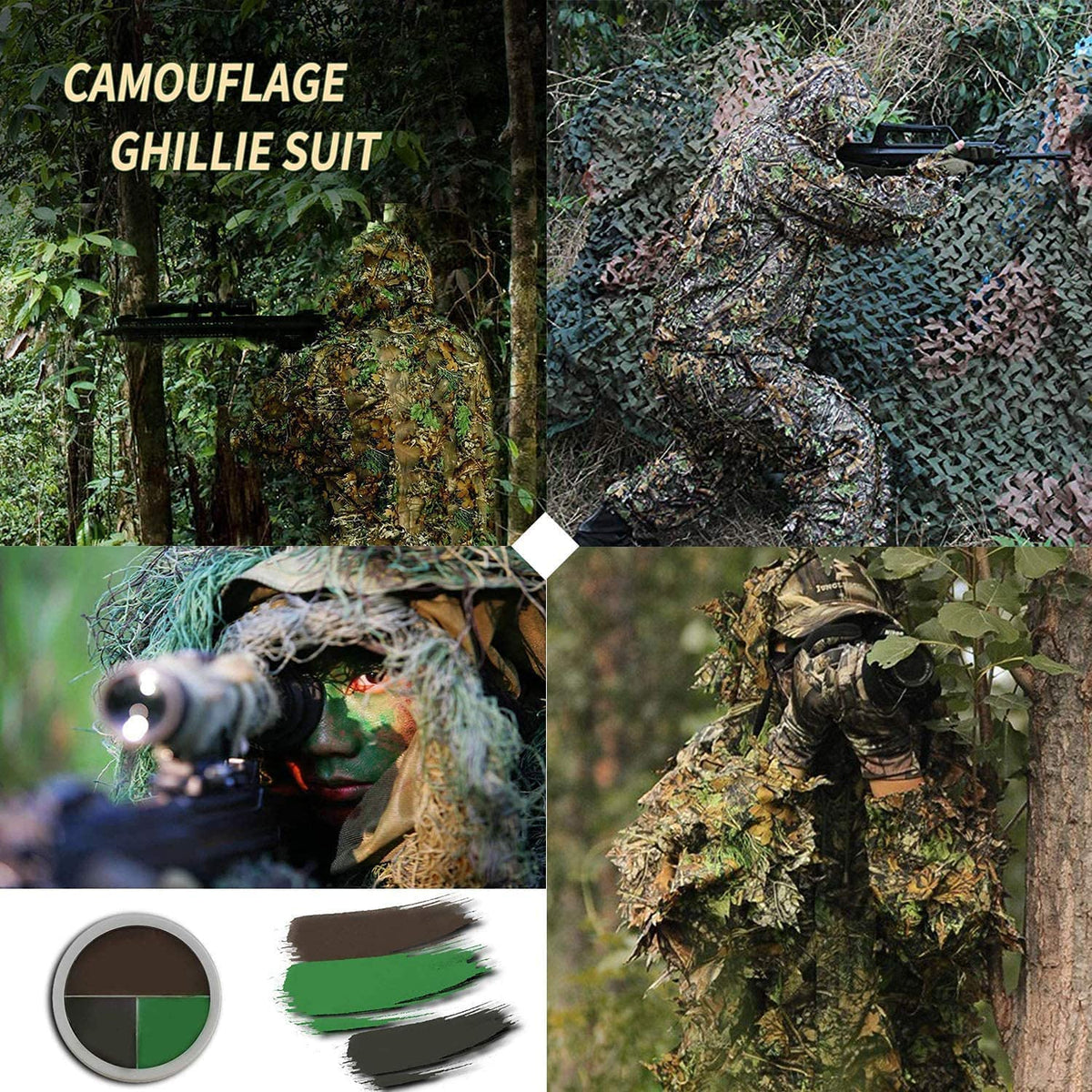 Monfasye Ghillie Suit, 3D Leafy Camo Hunting Suits Breathable Woodland Gillies Costume Jungle Clothing (XL/XXL)