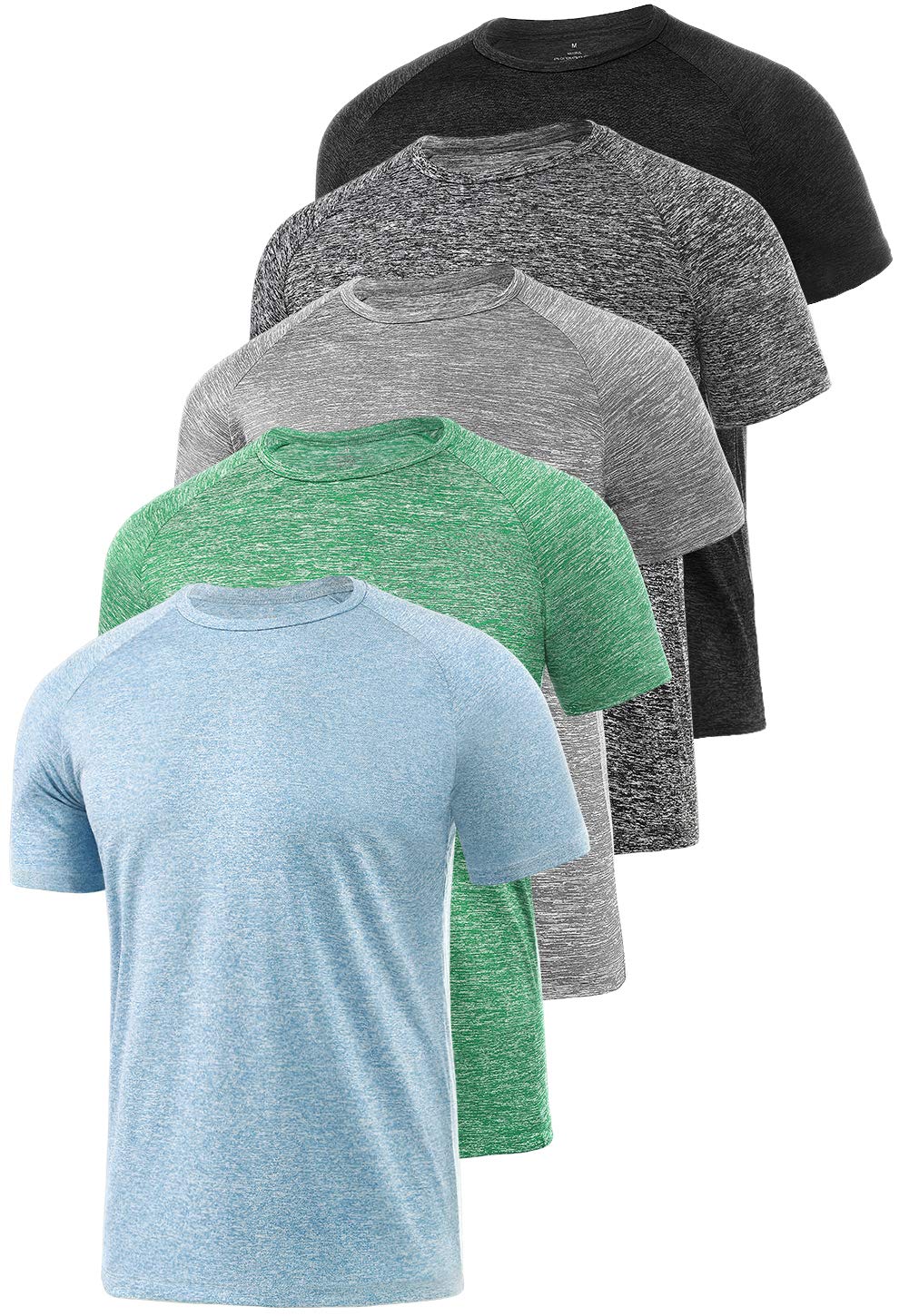 Xelky 4-5 Pack Men's Dry Fit T Shirt Moisture Wicking Athletic Tees Exercise Fitness Activewear Short Sleeves Gym Workout Tops Black/Darkgray/LightGray/LightBlue/Green XL