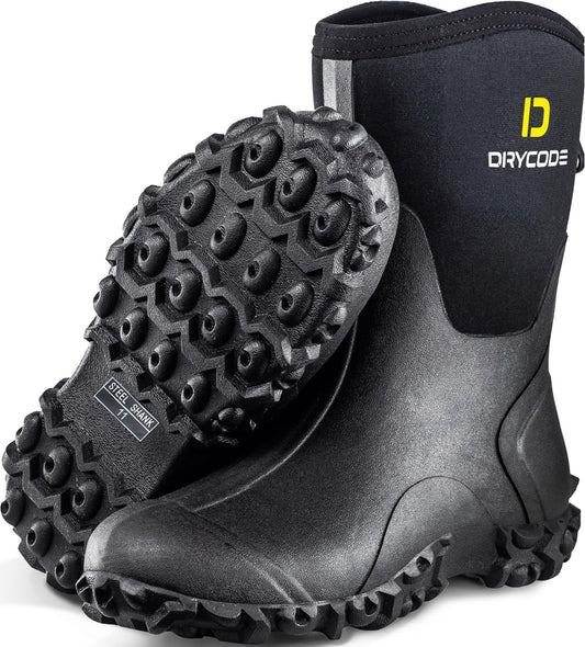 D DRYCODE Rubber Boots for Women, 6mm Neoprene Mid Calf Rain Boots with Steel Shank, Waterproof Insulated Hunting Boots, Mud Work Boots, Black, Size 5-11