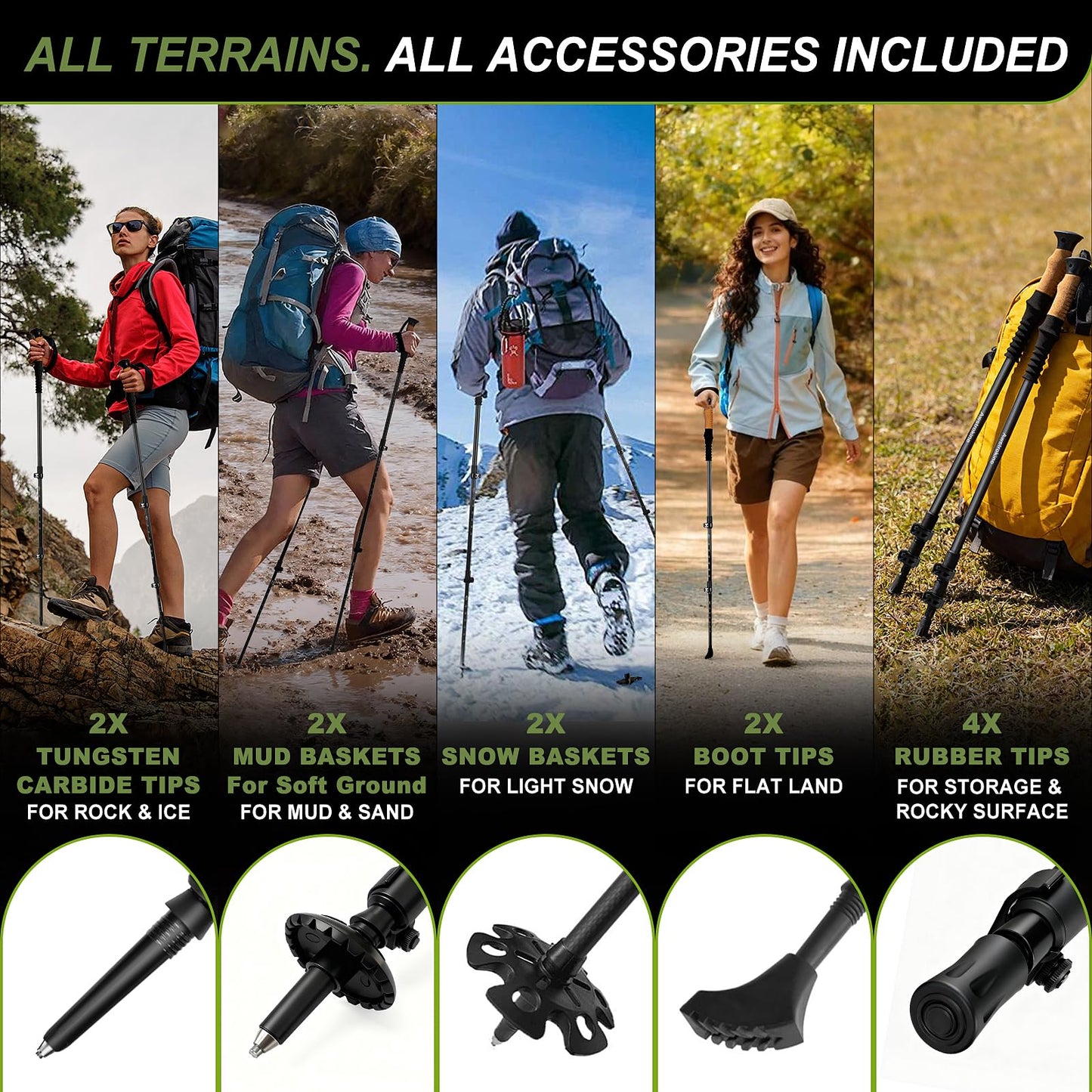Carbon Fiber Trekking Poles - Lightweight Collapsible Hiking Poles with Cork Grips & Quick Flip Locks, Adjustable Hiking Sticks & All-Terrain Accessories for Women & Men