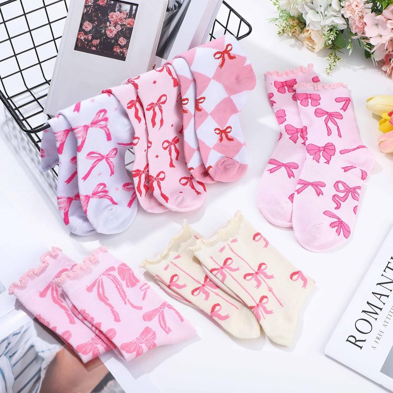 Jadive Coquette Pink Bow Socks Pink Bow Women's Inspired Socks Ornament for Birthday Decor Gift(Ruffle,12 Pcs)