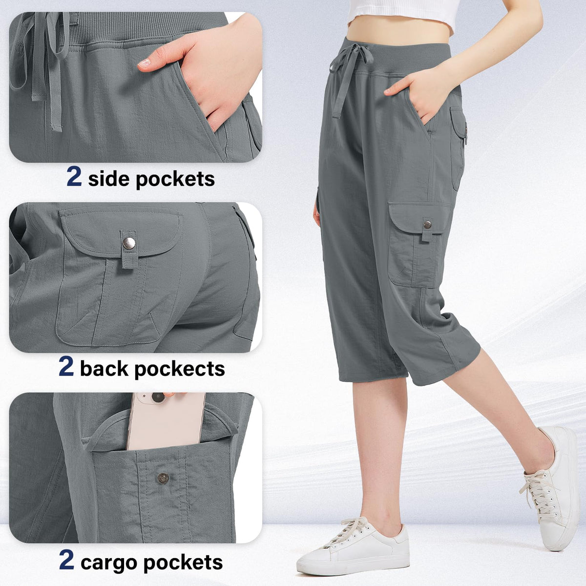 Women's Cargo Capris Hiking Pants with 6 Pockets Lightweight Quick Dry Outdoor Travel Casual Comfy Summer Pants(2032 Grey L)