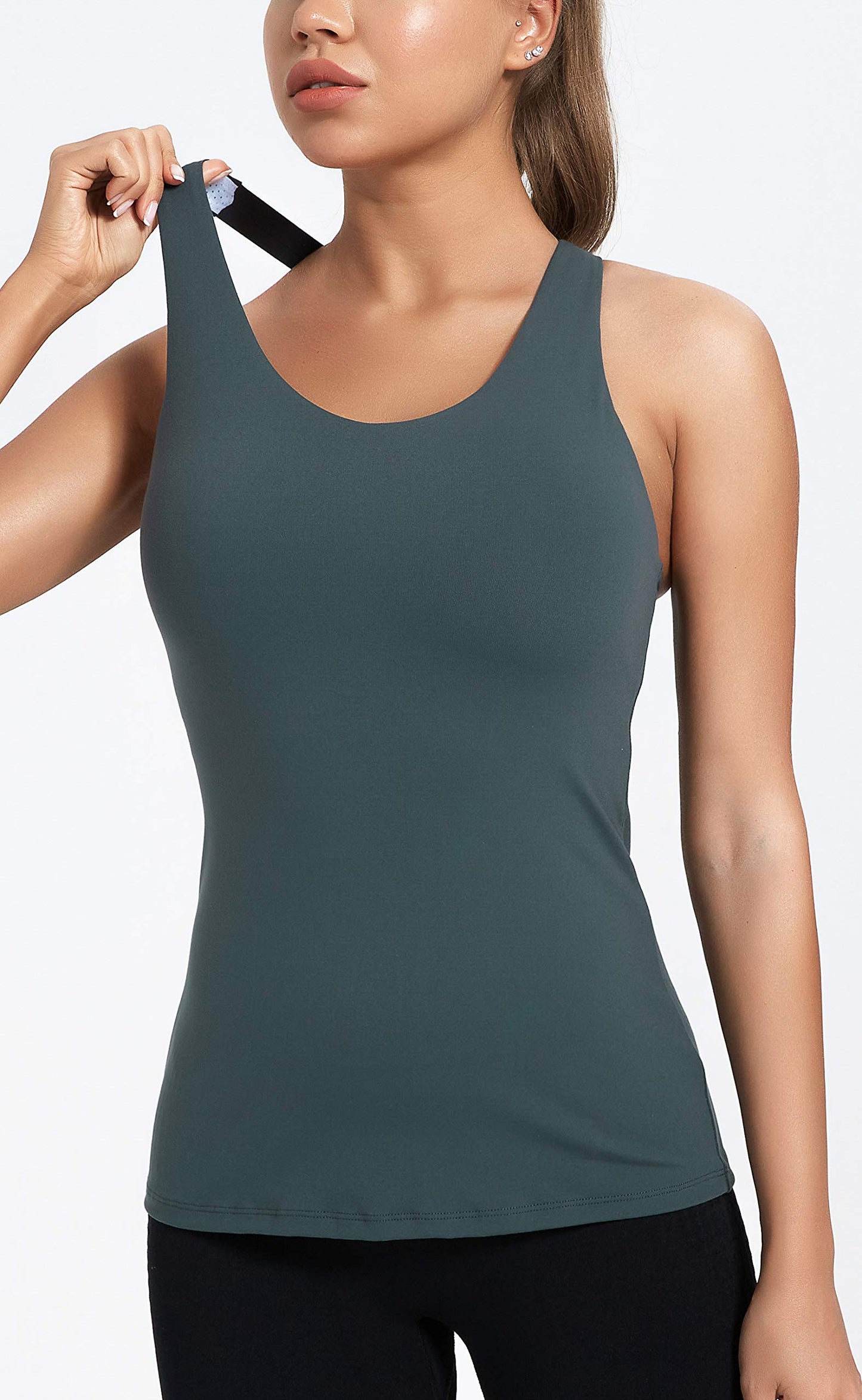 RUNNING GIRL Women's Workout Tank Top,Built in Shelf Sports Bra Strappy Back Compression Athletic Shirts（BX2680.Dark Green.L）