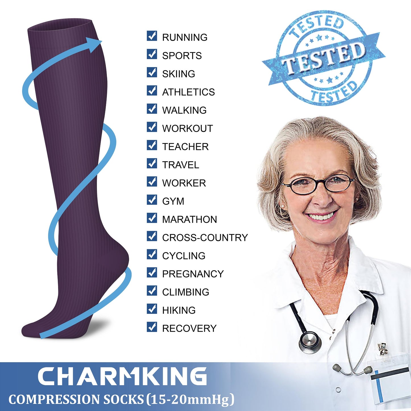 CHARMKING Compression Socks for Women & Men (8 Pairs) 15-20 mmHg Graduated Copper Support Calf Socks are Best for Pregnant, Nurses - Boost Performance, Circulation, Knee High Wide Calf(S/M, Multi 58)