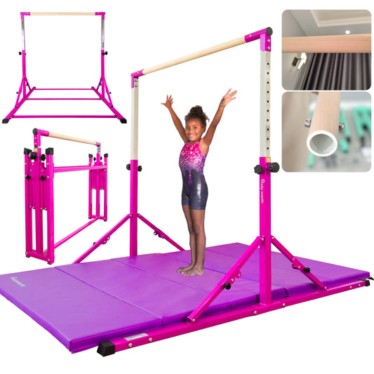 PreGymnastic Foldable Gymnastics Bar, 6FT Gymnastic Horizontal Bars, Folding Training Bar for Kids and Teenagers 3-18, Weight Limit 500 LB, Adjustable kip Bar,Children Home Gym Equipment Indoor