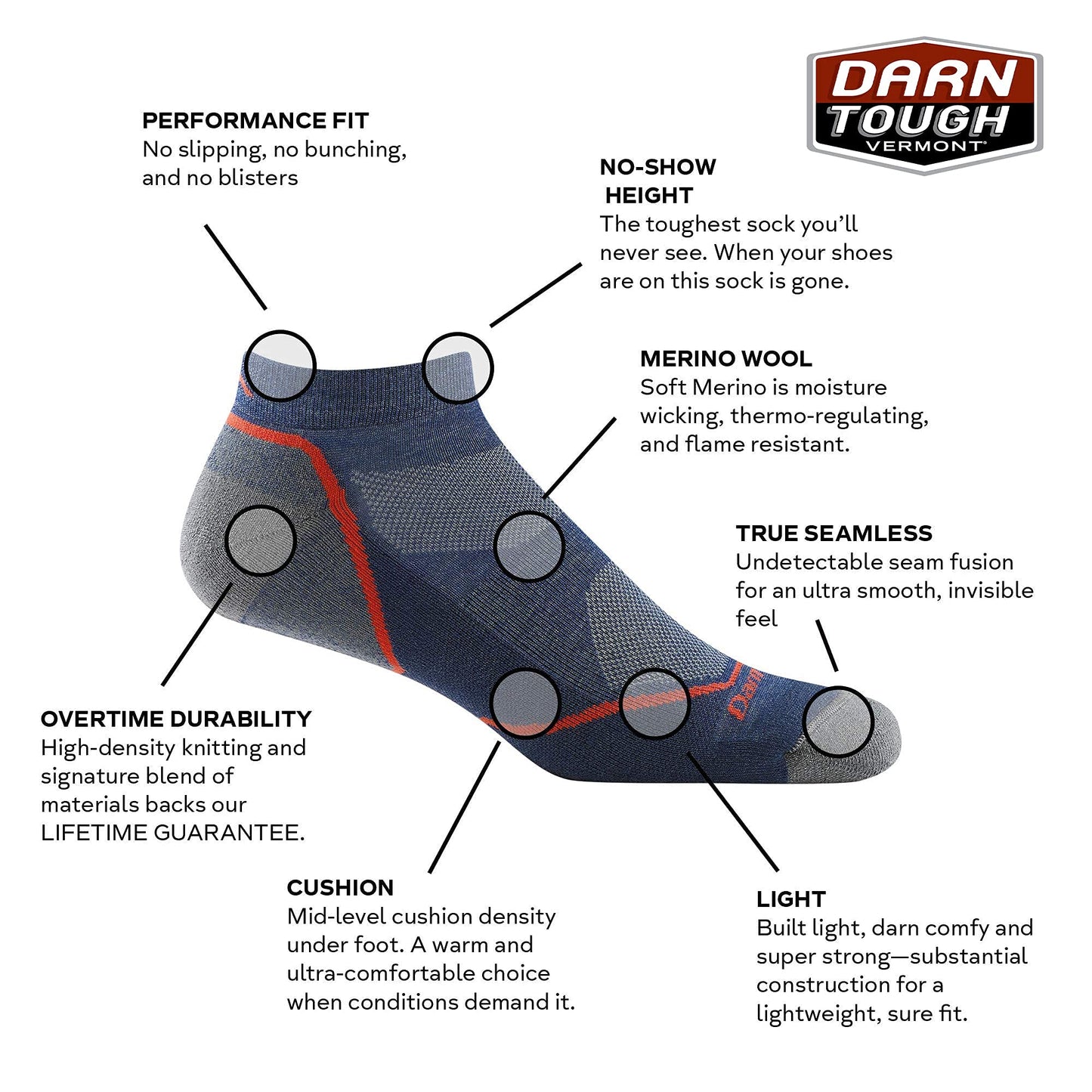 Darn Tough Men's Light Hiker No Show Lightweight with Cushion Hiking Sock (Style 1990) - Denim, Large