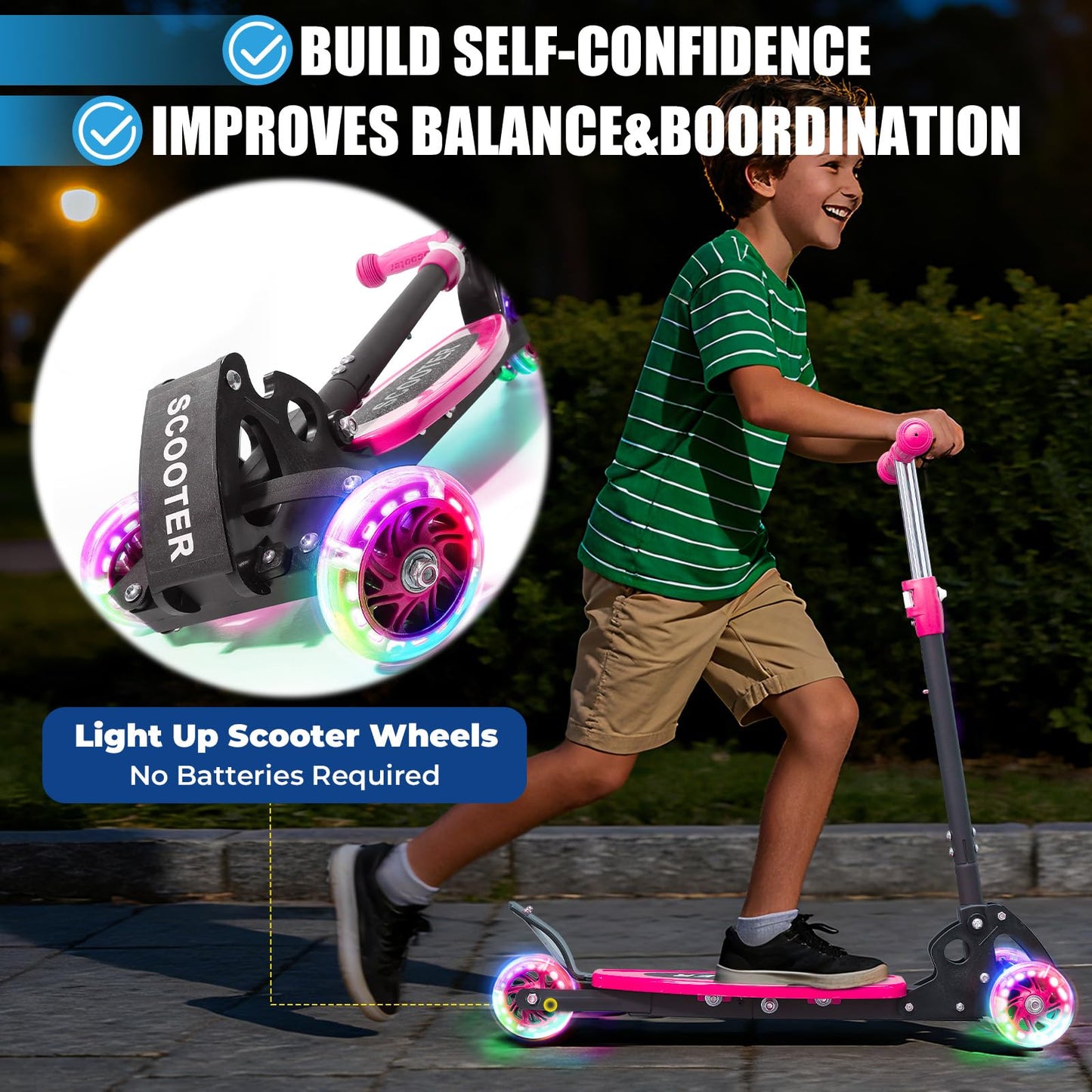 Kids 3-Wheel Kick Scooter – Adjustable Height, Gravity Steering, & LED Wheels, Foldable for Travel, Durable Metal Frame Supports up to 180 lbs
