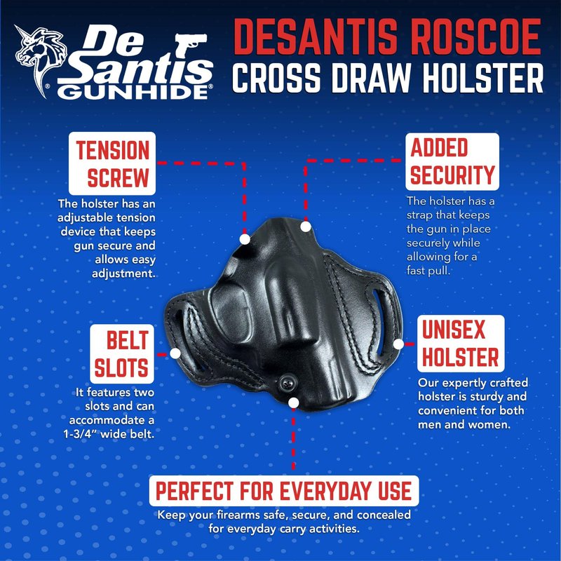 DeSantis Roscoe Cross Draw OWB Holster - Leather Belt Slide Holster OWB, Compatible with the S&W J-FRAME 2" - Right Hand Cross Draw, Black