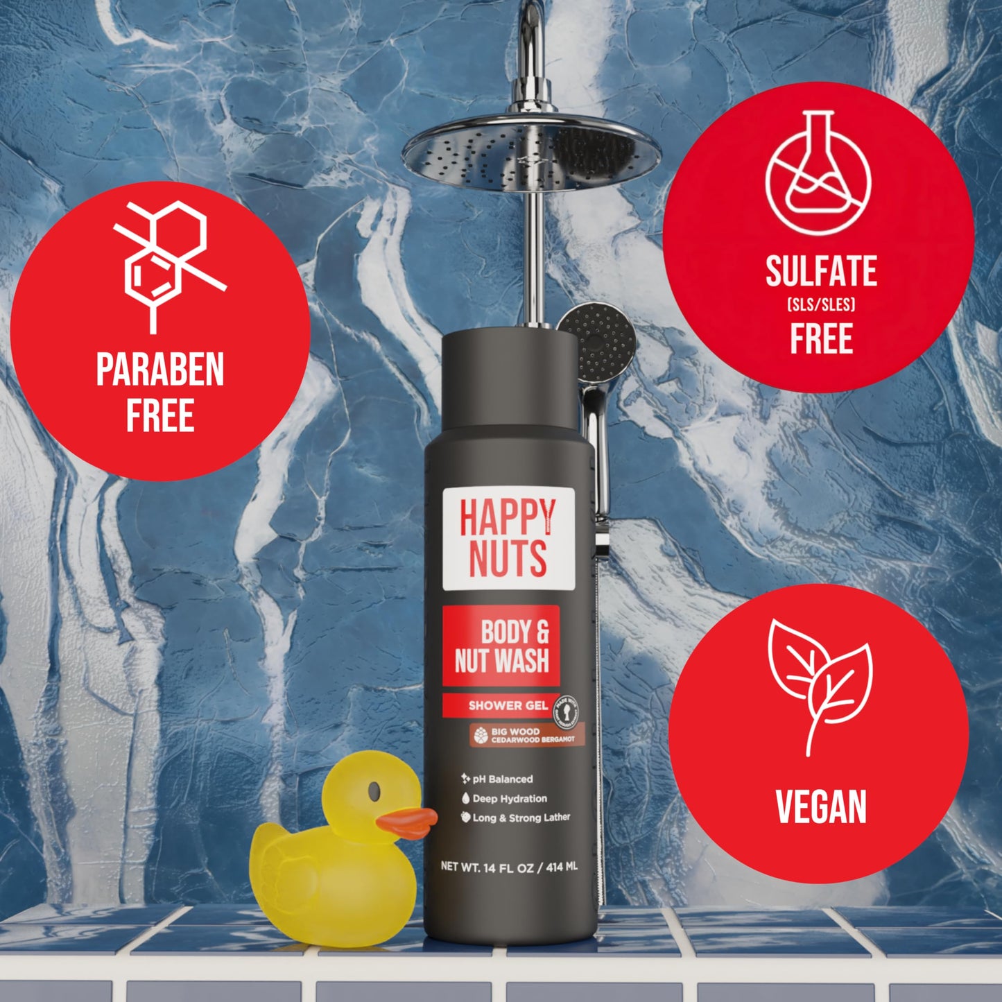 HAPPY NUTS Big Wood Body and Nut Wash - Moisturizing Men's Shower Gel, Bodywash with Deep Cleanse for Sensitive Skin - Men's Body Soap