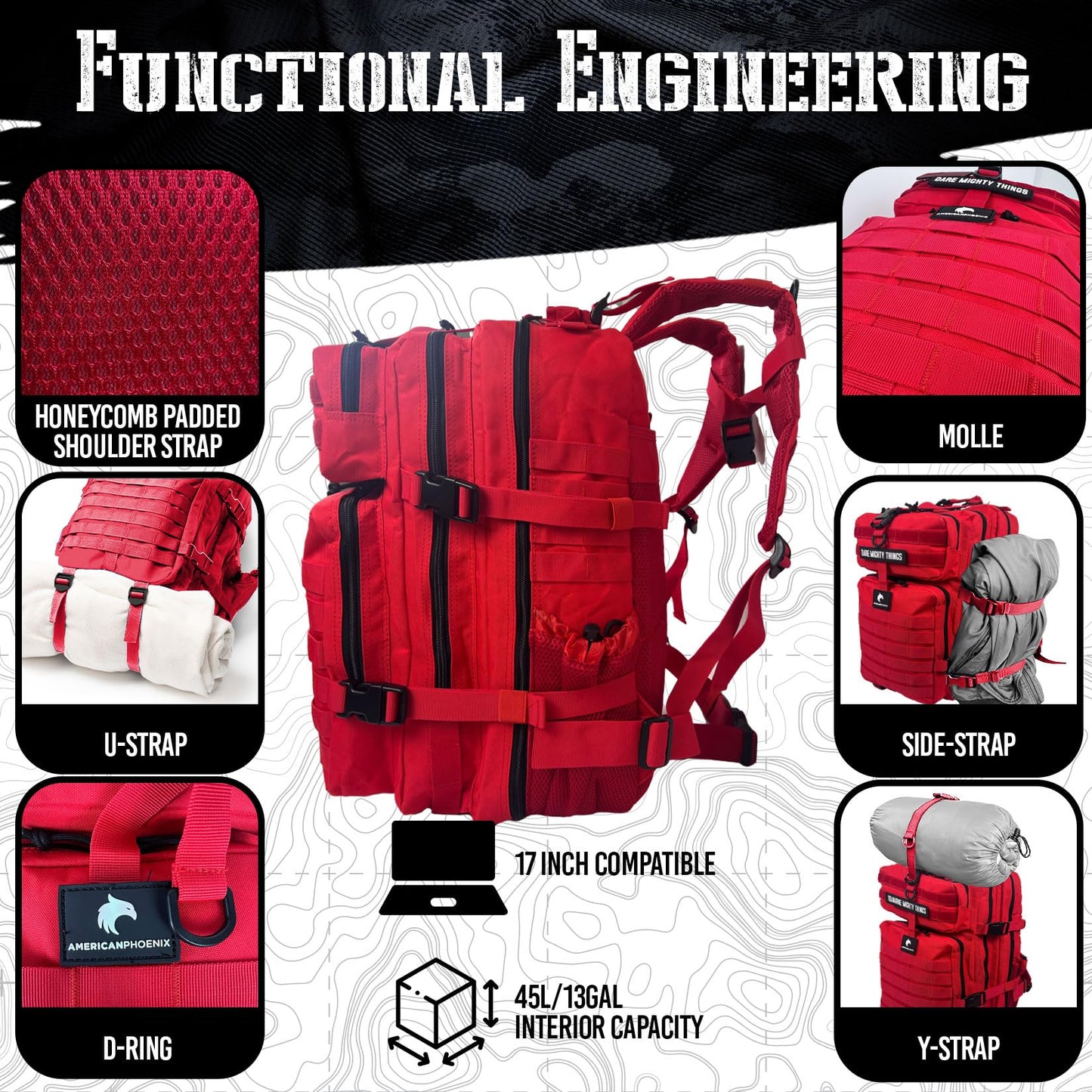 AMERICANPHOENIX 45L Elite Tactical Backpack | 3X Stronger Work & Military Backpack | Water Resistant and Heavy Duty | 3 Day MOLLE Bug Out Bag (Scarlet Sage)