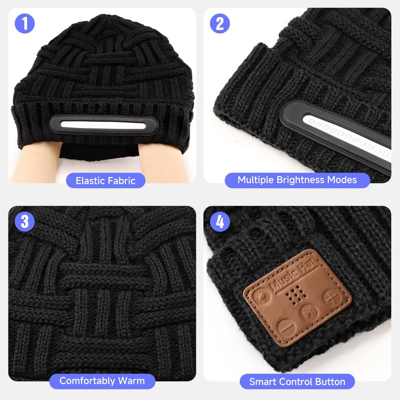 Colorful Light Beanie Hat with Bluetooth, Unisex Wireless Beanie Cap Headlamp Music hat, Windproof Warm Knit hat for Winter, Multi Light Modes