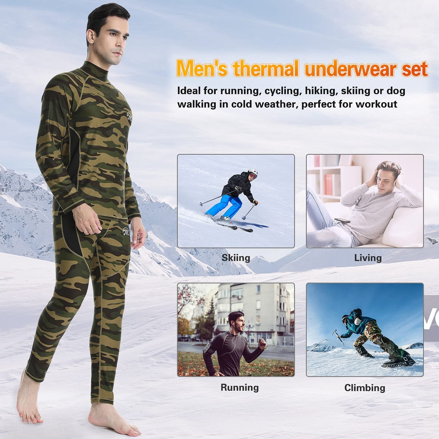 MEETWEE Men's Thermal Underwear Set, Winter Ski Gear Fleece Lined Long Johns Base Layer Warm Top & Bottom for Skiing Camo