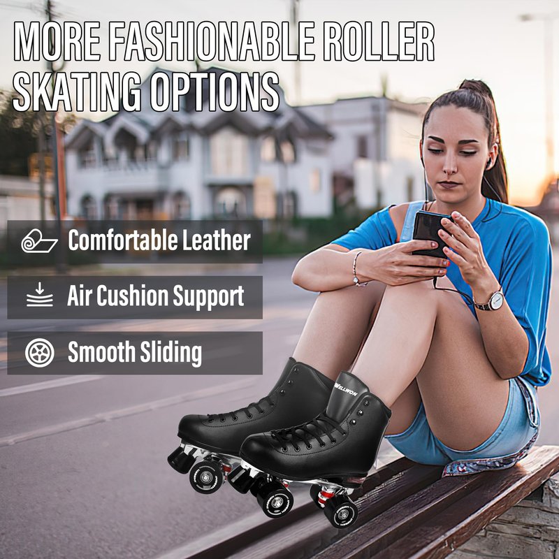 SMOOJOY Quad Roller Skates for Women and Men - PU Deluxe Double Row-Classic Premium Leather Skates Indoor Outdoor Roller Derby with Air Cushion