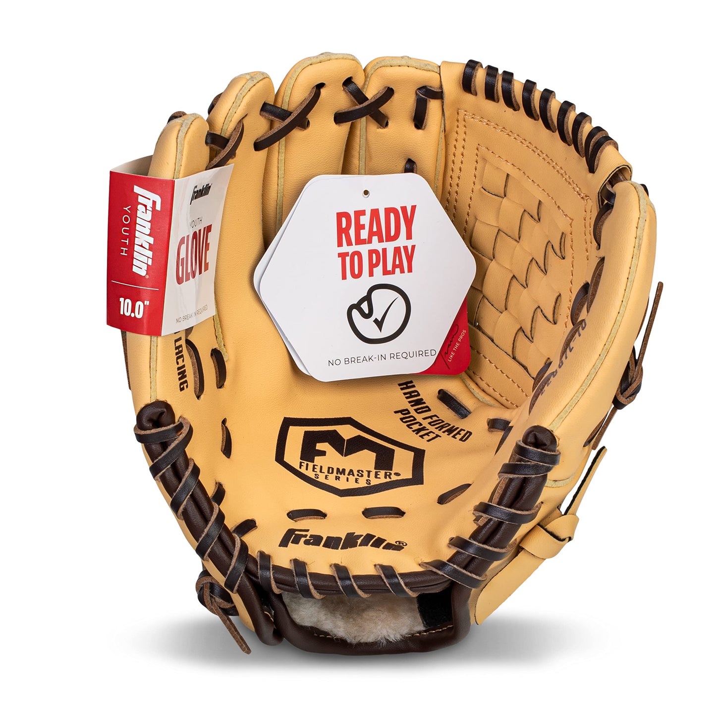 Franklin Sports Field Master Baseball and Softball Gloves for Adults, Youth, and Kids - Durable and Soft Synthetic Leather - Adjustable Fit - Left Hand Throw - 10" in. Infield - Camel Brown