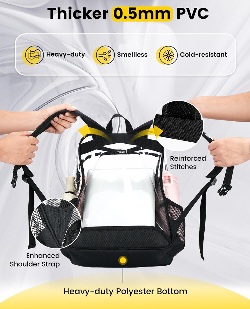 Vorspack Clear Backpack Heavy Duty - Extra Large Clear Backpacks with TSA Lock Transparent See Through Bookbag for College, Work, Travel - Black