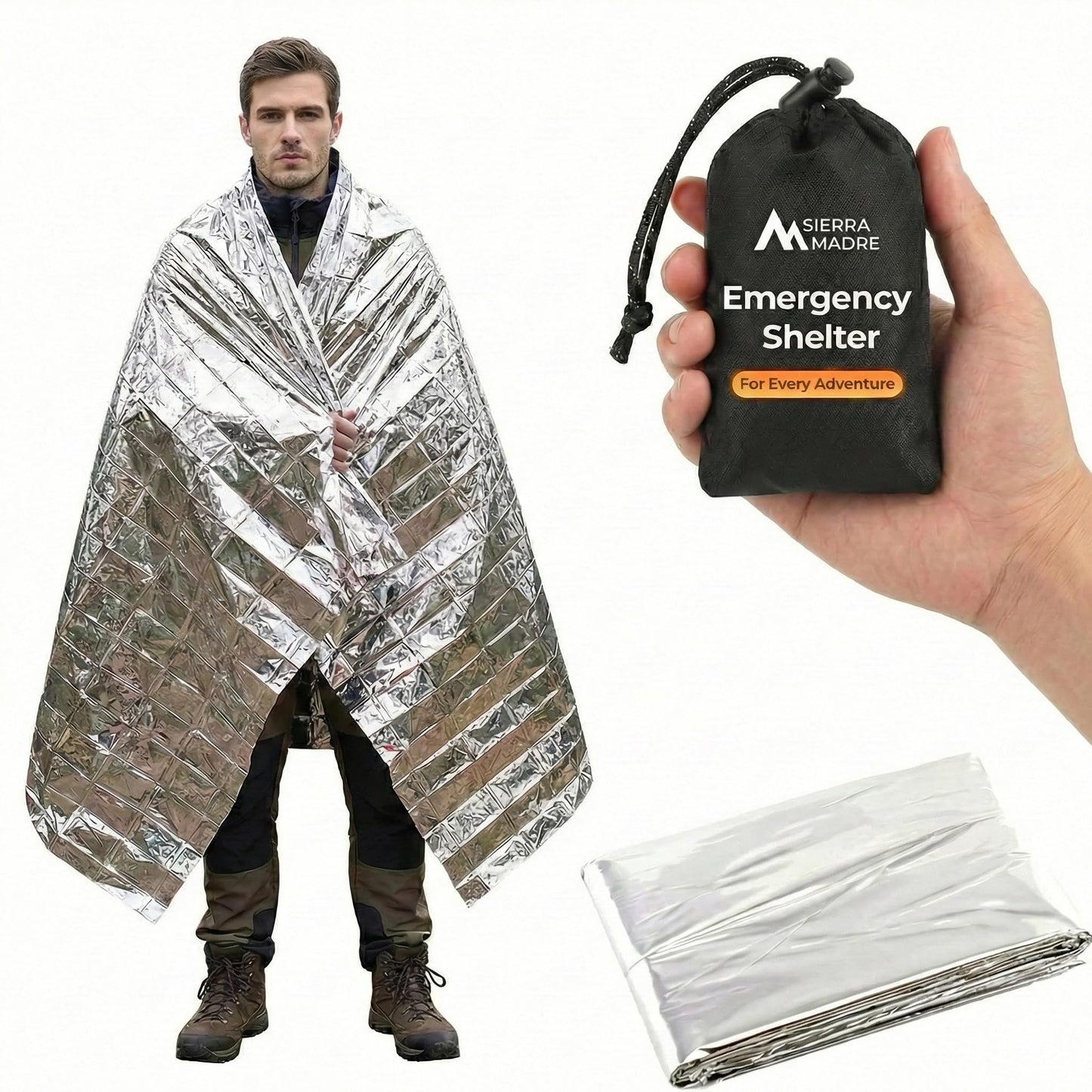 Sierra Madre Emergency Mylar Thermal Space Blanket for Survival – Waterproof Safety Shelter Retains 90% Body Heat – Ultralight & Compact Gear for Camping, First Aid & Prepper Supplies (Pack of 1)