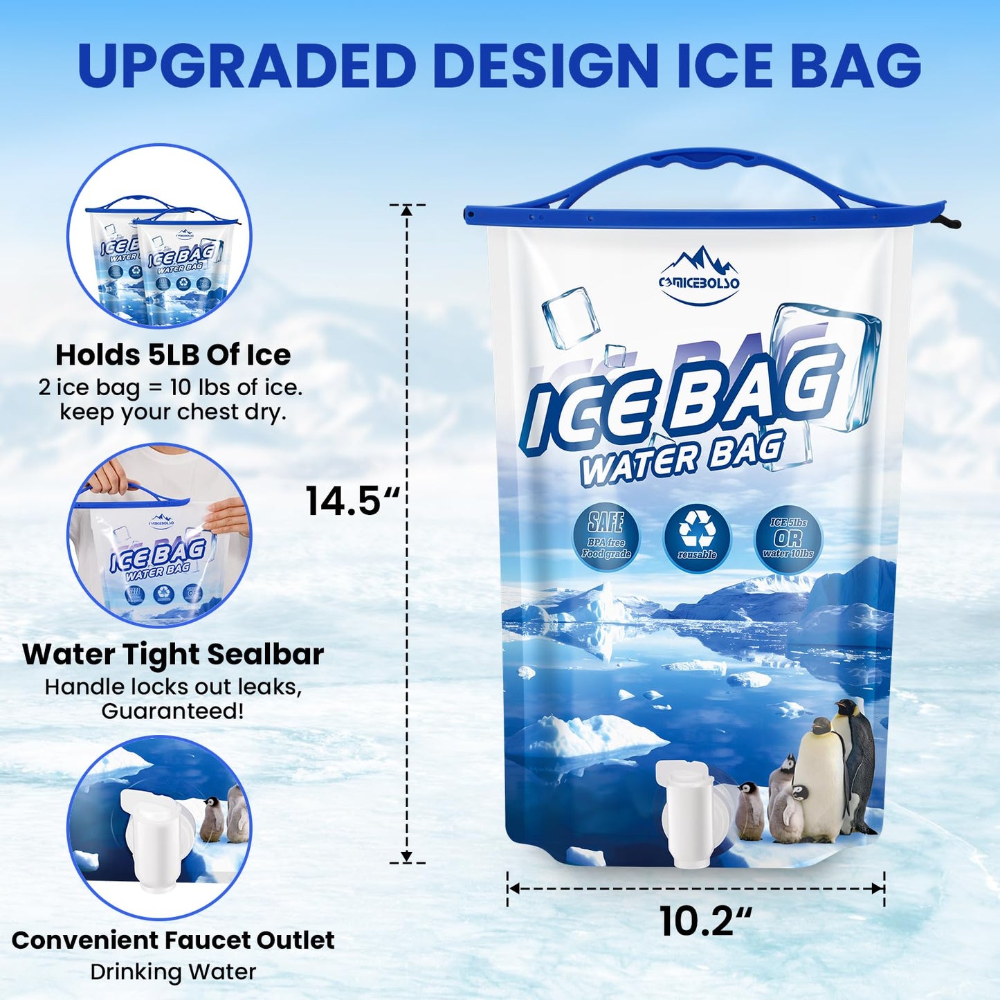 CamiceBolso Large Leakproof Ice Bag,Reusable Ice Bag,5Ib Ice Packs for Cooler, Long Lasting Dry Freezer Packs with Faucet for Camping Hiking and Drinks.