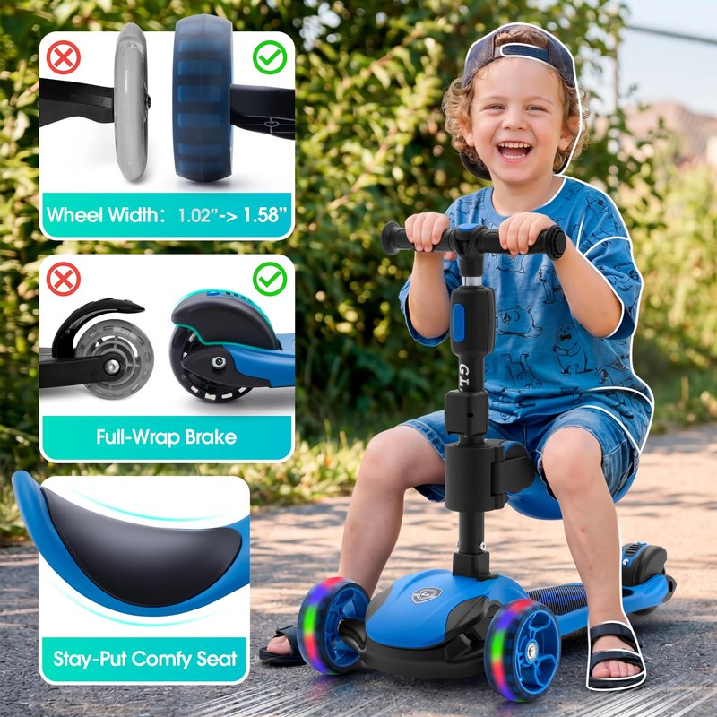 GLAMUP 3-Wheel Scooter for Kids, 2-in-1 Folding Kick Scooter with Removable Seat, Adjustable Height & Safety Lock, Lean-to-Steer, LED Light-Up Wheels for Boys and Girls Ages 3-14, Blue