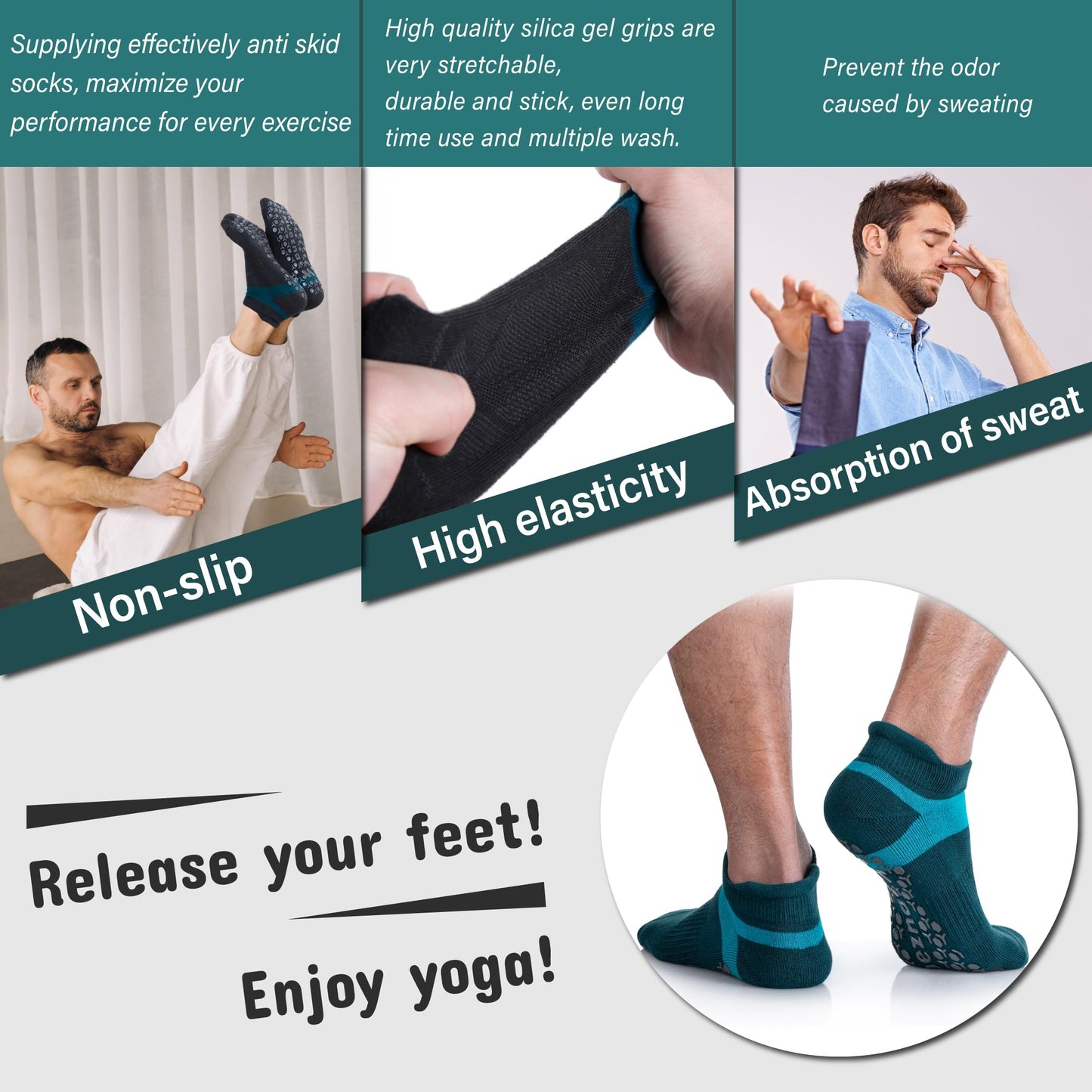 Muezna Men's Non-Slip Yoga Socks, Anti-Skid Pilates, Barre, Bikram Fitness Hospital Slipper Socks with Grips