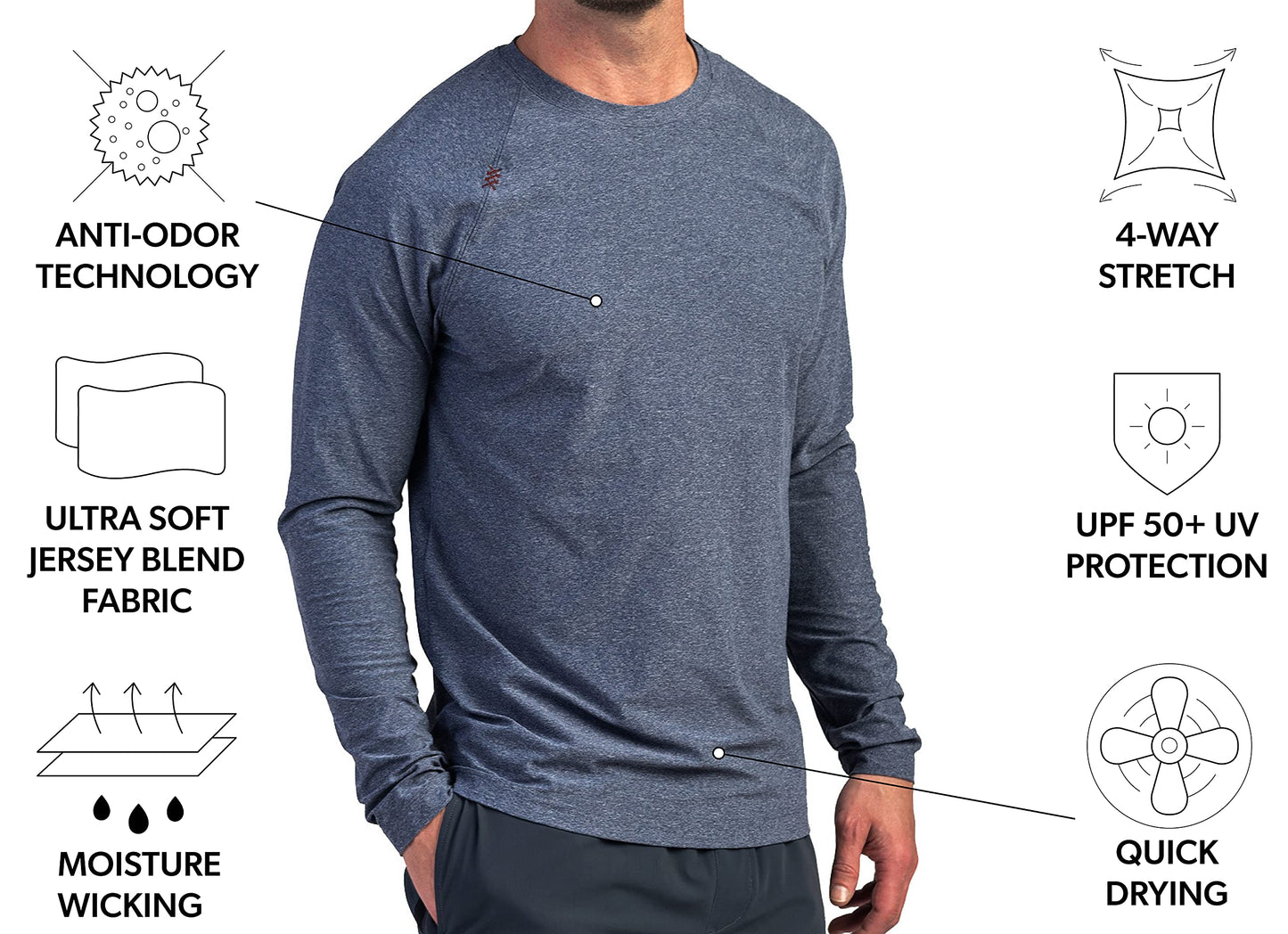 Rhone Reign Mens Long Sleeve Workout Shirts, Anti-Odor, Quick Dry Mens Gym Shirts, Lightweight Workout Shirts for Men, UPF 50+ Midnight Heather Medium