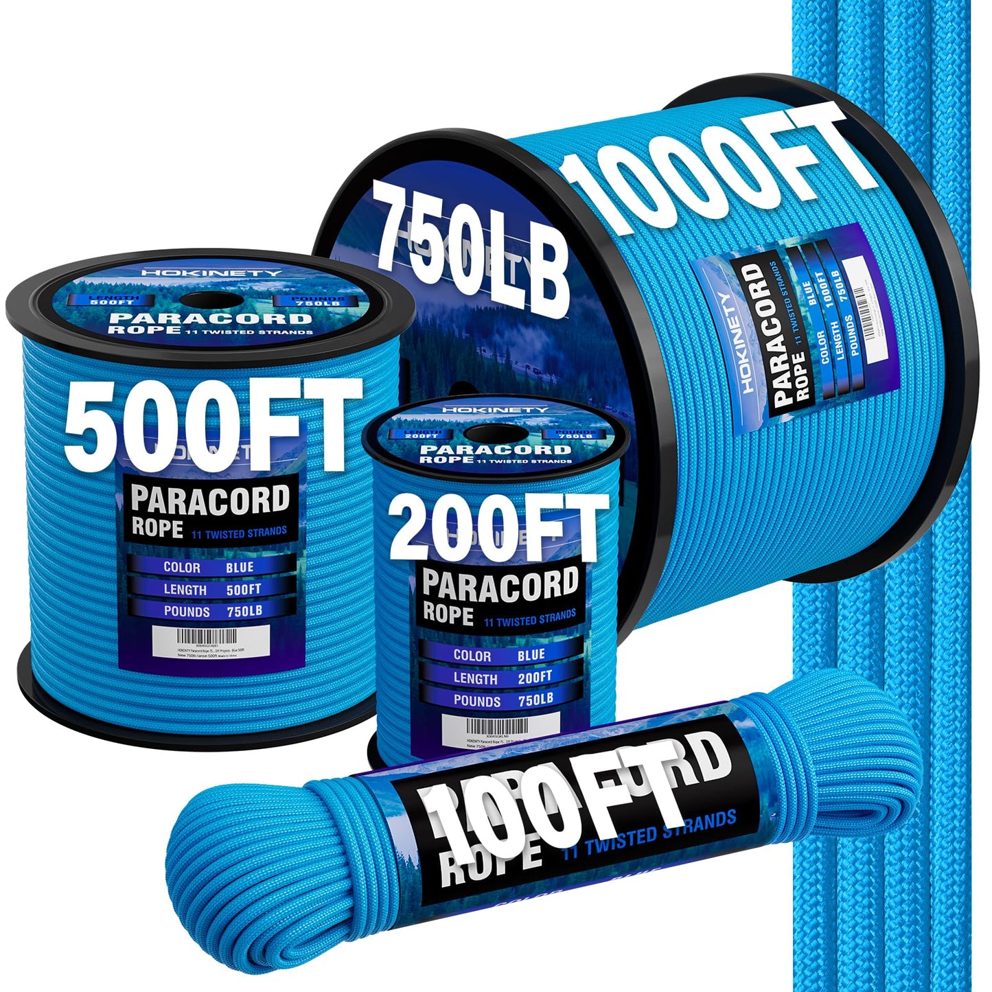HOKINETY Paracord Rope 750 - Parachute para Cord 4mm 11 Strand Spool Rope Utility Nylon String for Outdoor Camping Survival Utility Tent Crafting DIY Projects - Blue 100ft