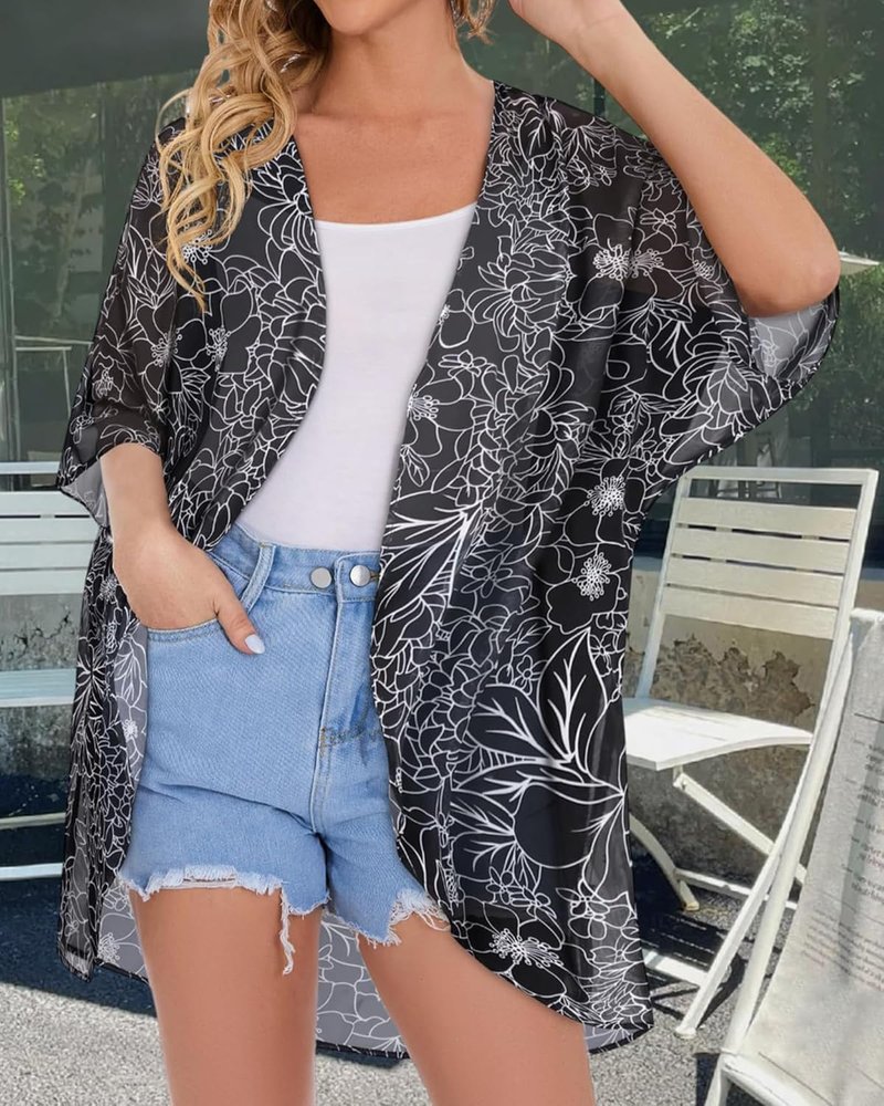 Floral Print Puff Sleeve Kimono Cardigan - Casual Women's Cover-Up Blouse Top