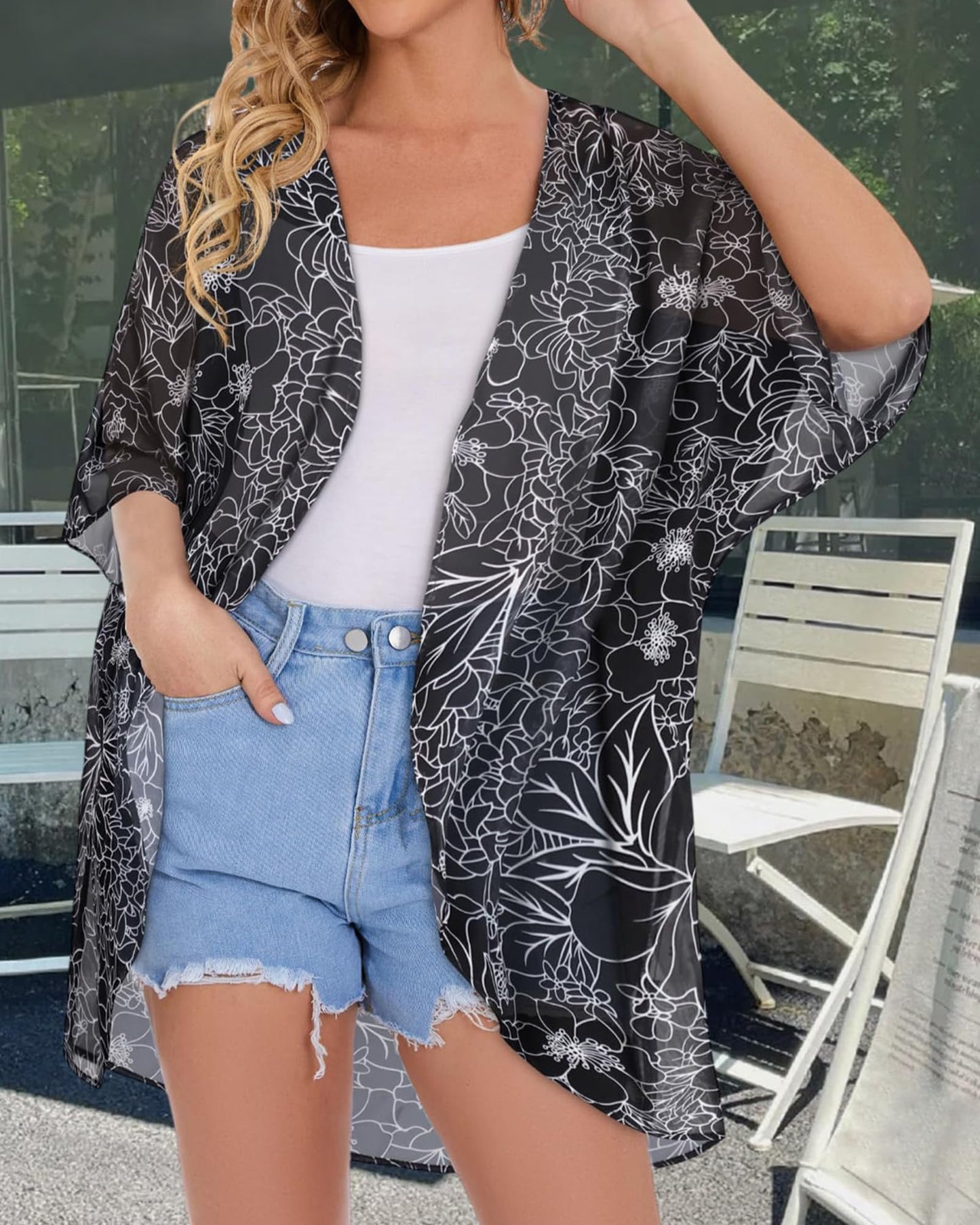 Women's Floral Kimono Cardigan Cover Up Casual Tops,Black Brief Flowers,L