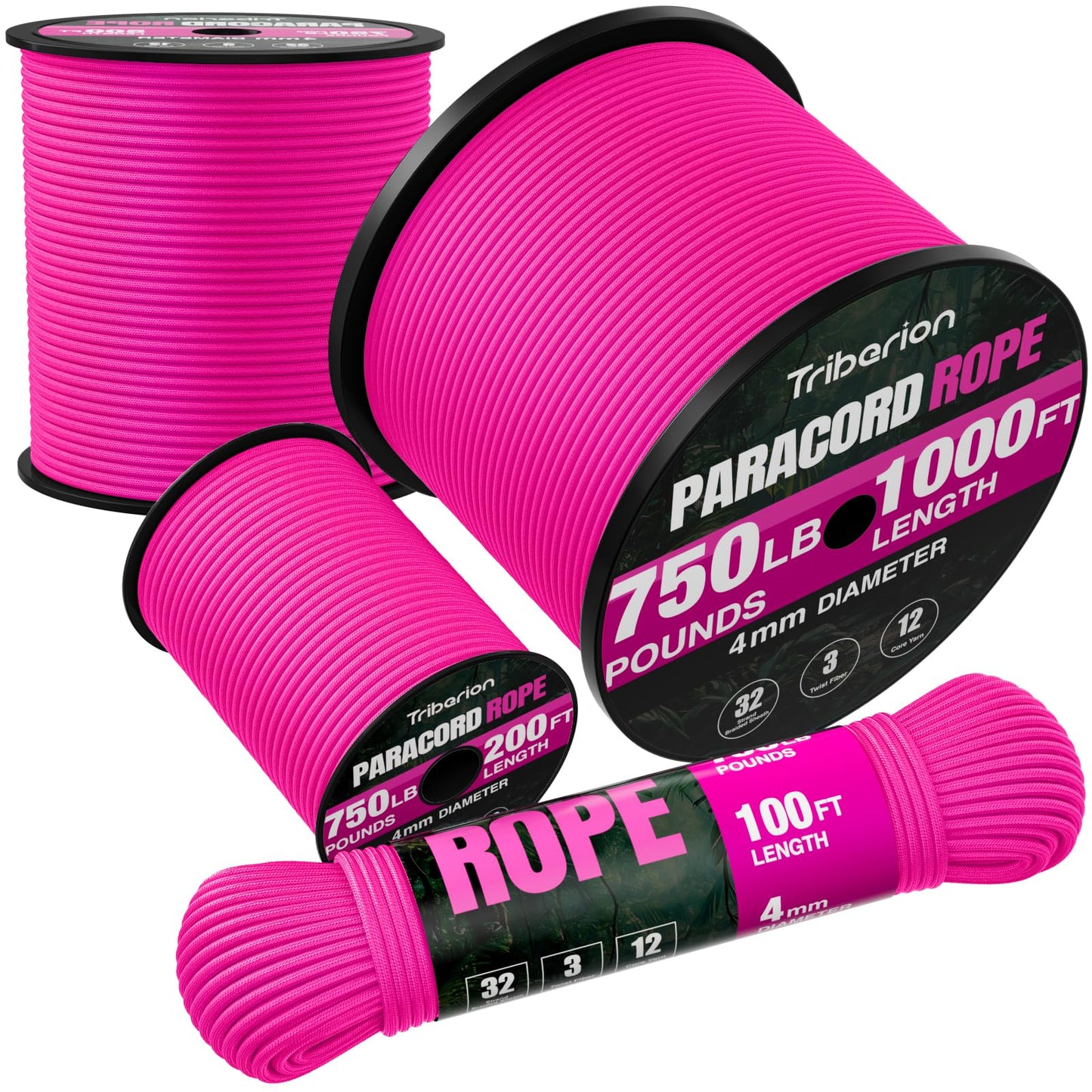 TRIBERION Paracord Rope 750 lb - 500ft 5/32" Parachute Cord 4MM 12-Strand para Cord - Heavy Duty Spool String for Survival,Camping Gear, Survival Bracelet, Clothesline - Rose Pink