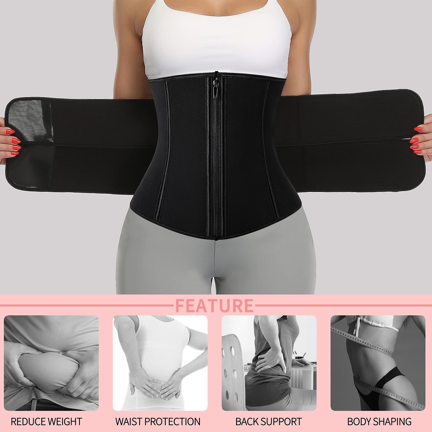 KIWI RATA Neoprene Sauna Waist Trainer Corset Sweat Belt with 2 Straps for Women Double Compression Workout Cincher Back Support Fajas,#2 Zipper Black,X-Small