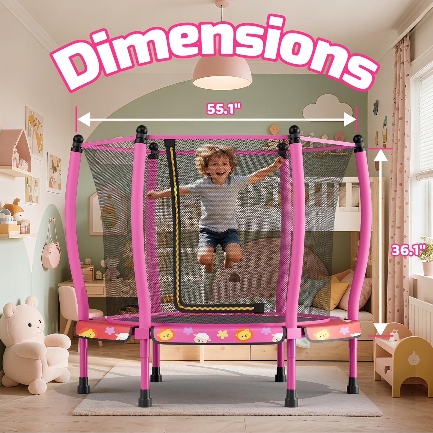 ZCMHAXJ 55" Trampoline for Kids, 440lbs Capacity Indoor & Outdoor Toddler Trampoline, Gifts for Boys & Girls (Animal)