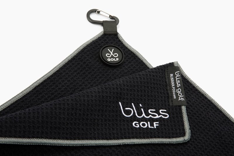 Bliss Golf Magnetic Golf Towel | Premium Microfiber Towel | Industrial Strength Magnet Attaches to Golf Carts and Clubs | Deep Waffle Pockets | Bag Buckle | Stylish and Convenient (Black)