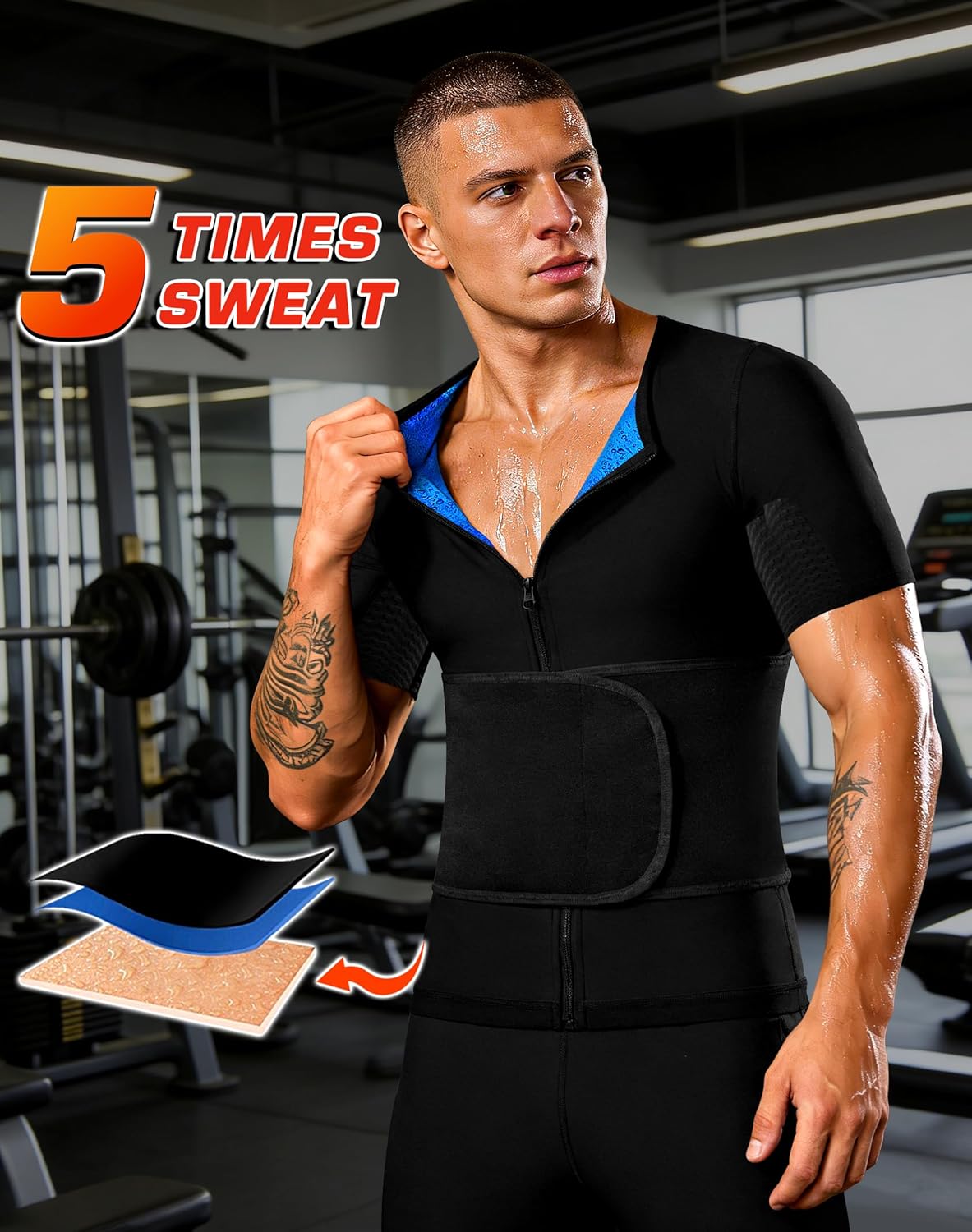 Men's Sauna Shirt - Short Sleeve Sweat Suit for Heat Trapping | Adjustable Waist Belt, Breathable Design