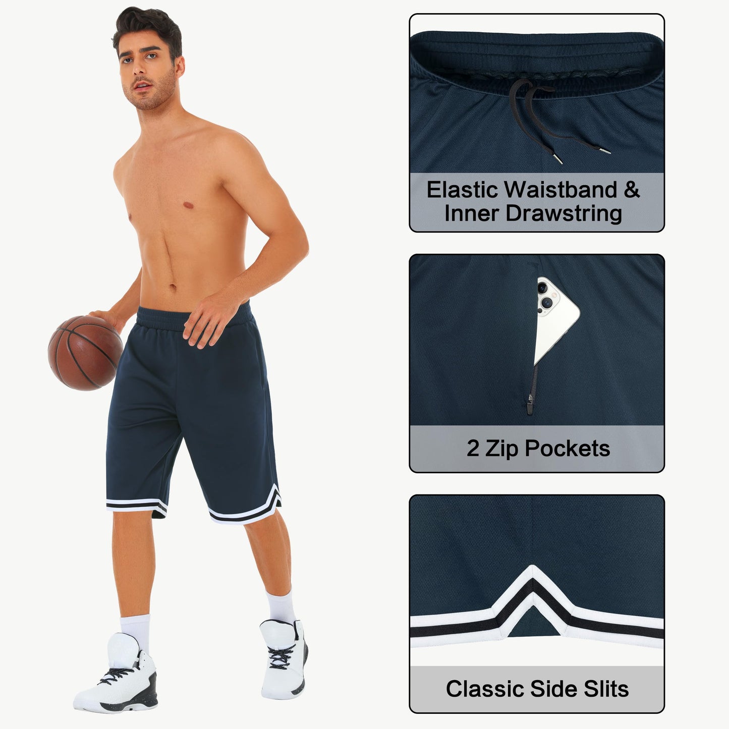 JWM Mens 11" Gym Basketball Shorts with Zipper Pockets - Long Quick Dry Lightweight Mesh Athletic Shorts for Workout Running Navy