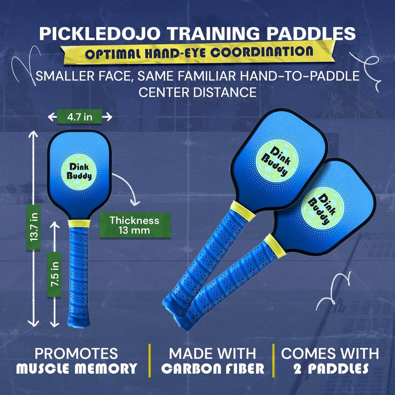 Dink Buddy - 2-in-1 Pickleball Trainer Set, Pickleball Gifts with 4 Kelso Balls (2 Foam Trainer + 2 Rubber Standard Size), 2 PickleDojo Paddles, & 1 Drawstring Backpack