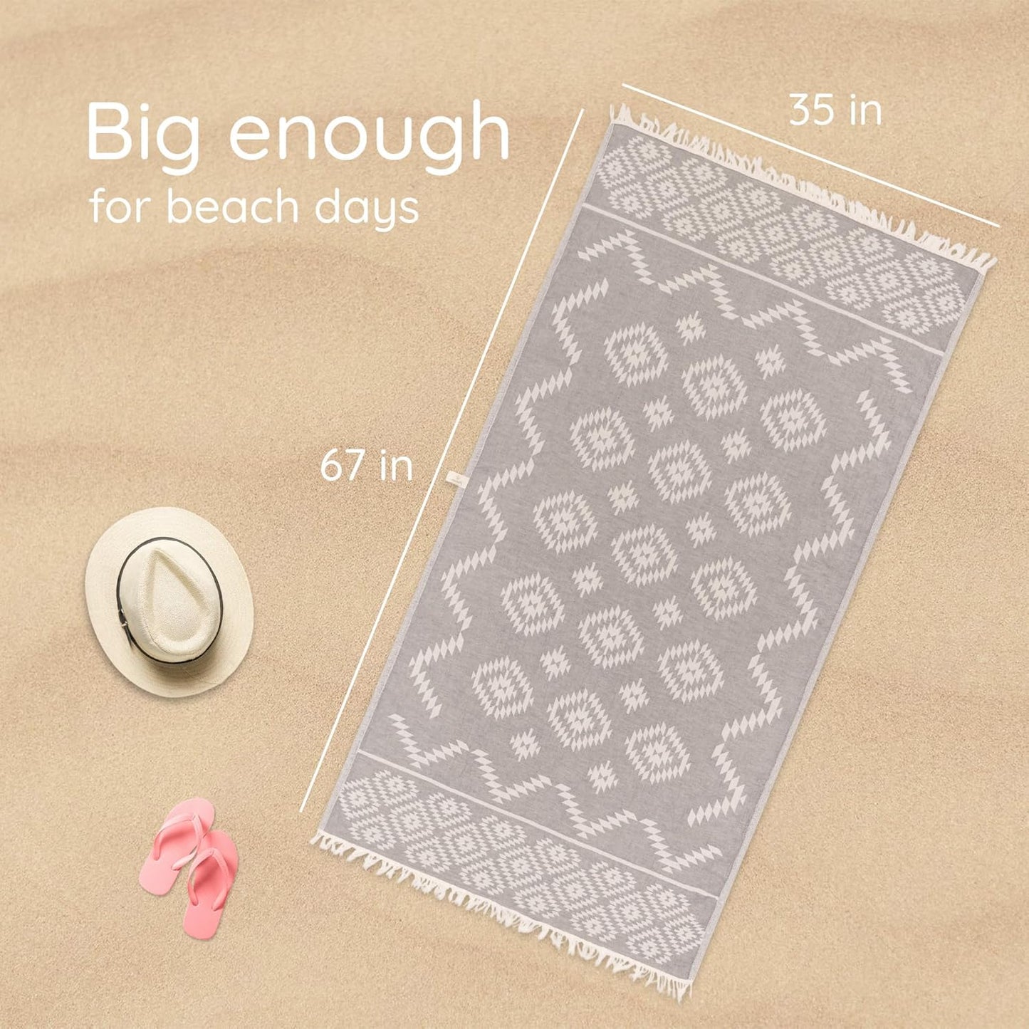 Turkish Beach Towel - Lightweight Quick Dry 100% Cotton | Vintage Dark Grey 35"x67"