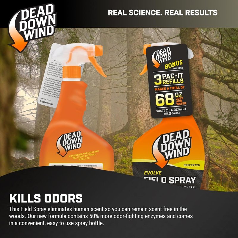 Evolve 3D+ Field Spray - Unscented Odor Control for Hunting Gear | 32oz Bottle + 3 Refills