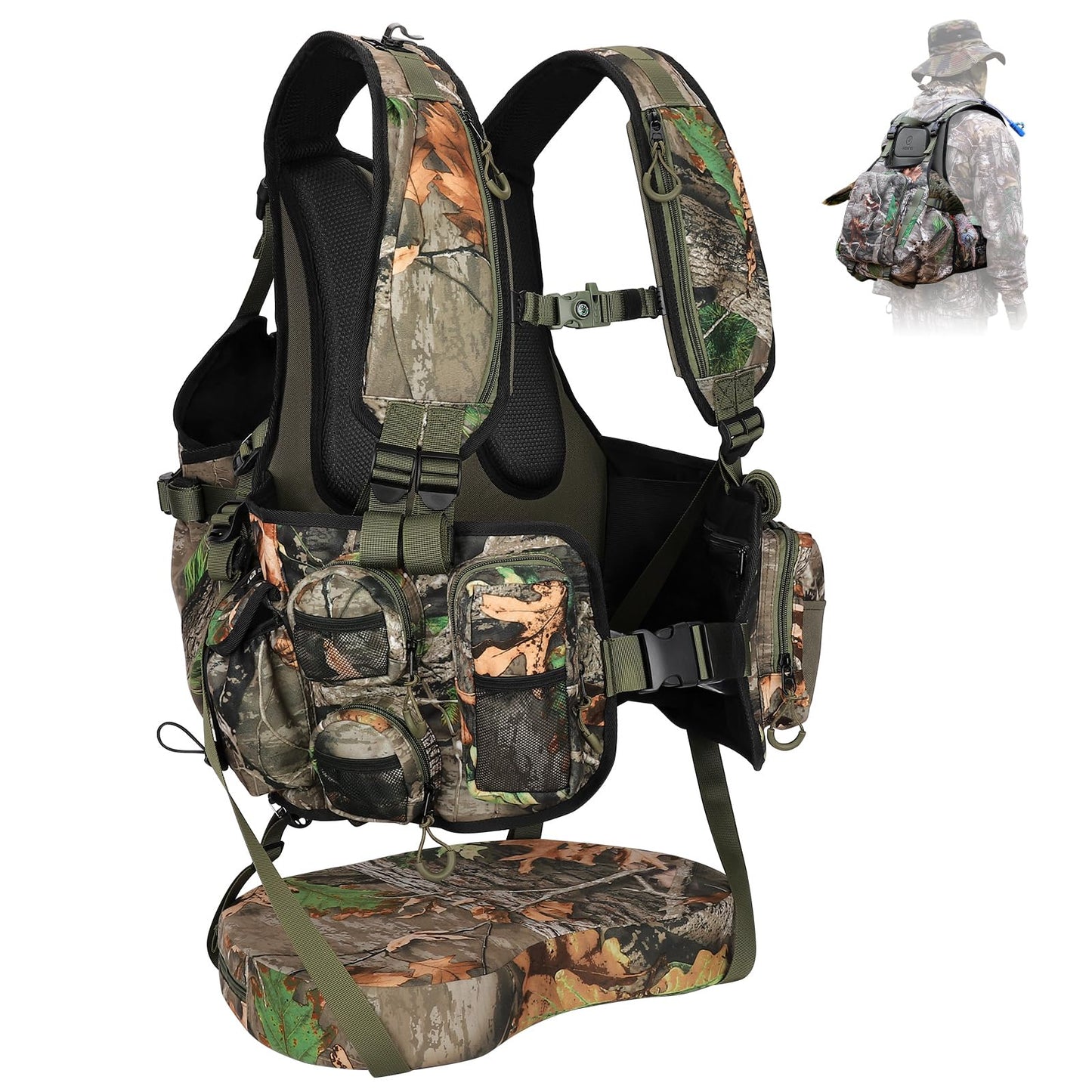 Kalkal Turkey Vest with Seat, Lightweight Camo Turkey Hunting Vest with Game Pouch for Men Women, Turkey Hunting Gear Accessories(3L Water Bladder Compatible)