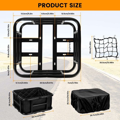 SAMRELAX Bike Basket Rear, Large Bicycle Basket with Cargo Net, Liner and Waterproof Cover for Electirc Bike, Ebike and Bikes