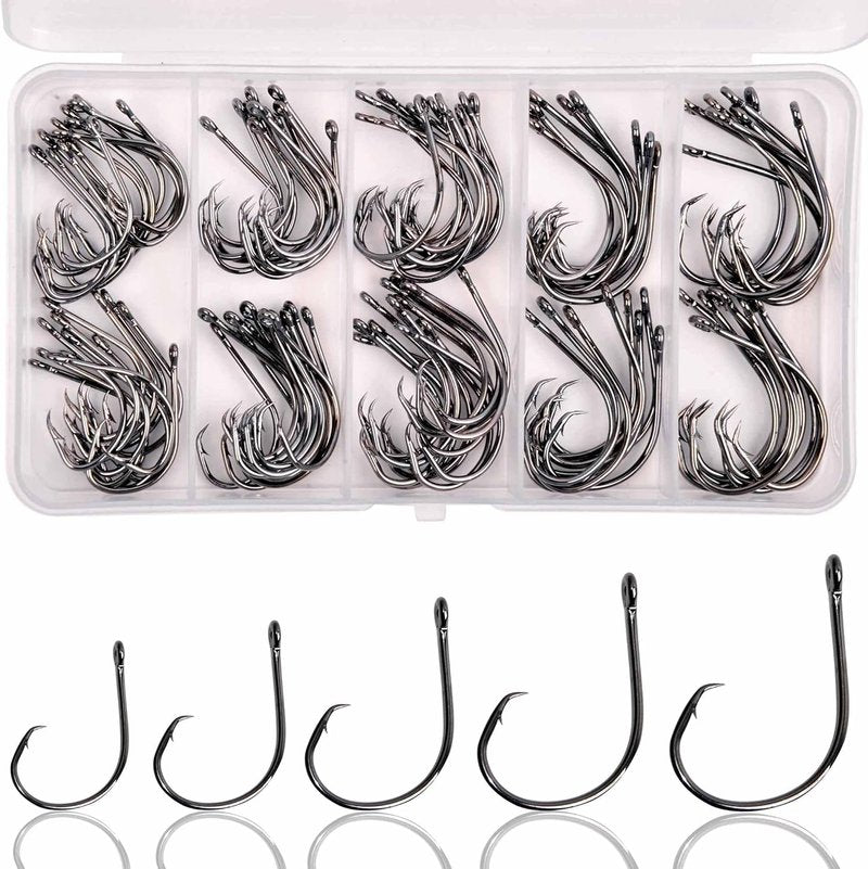 Circle Fishing Hook Kit - 100 High Carbon Steel Hooks for Octopus Fishing | Sizes 1/0-5/0
