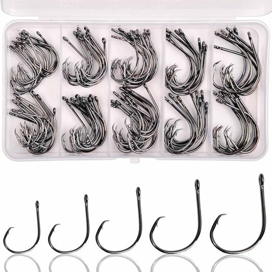 Circle Fishing Hook Kit - 100 High Carbon Steel Hooks for Octopus Fishing | Sizes 1/0-5/0