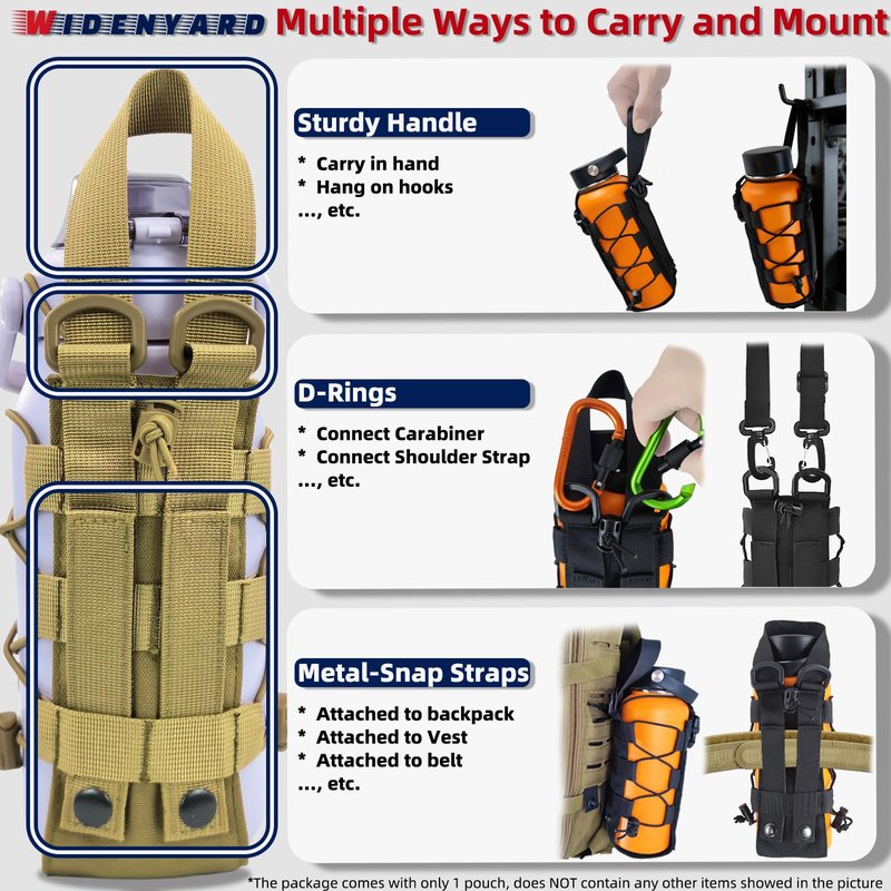 Widenyard Molle Water Bottle Holder Pouch, 16-44 oz Adjustable Capacity Tactical Bottle Bag, Compatible with Backpack, Vest, Belt for Outdoor Activities (Brown, Basic)