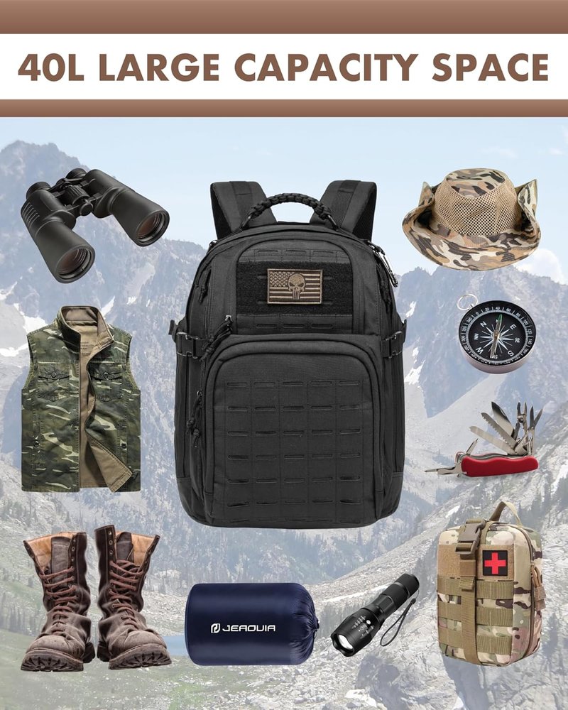 Military Tactical Backpack 40L - Lightweight Molle EDC Daypack for Hiking & Camping | Black