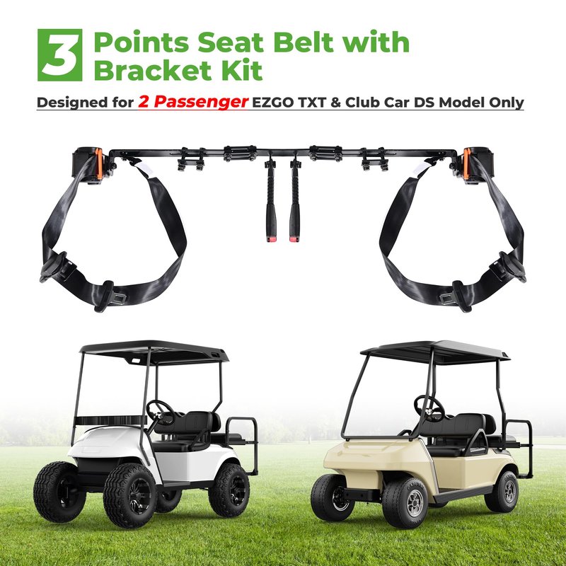 10L0L 3 Point Golf Cart Seat Belt Bracket Kit for EZGO TXT & Club Car DS 2 Passenger, Retractable Seatbelts, Ajustable Freely