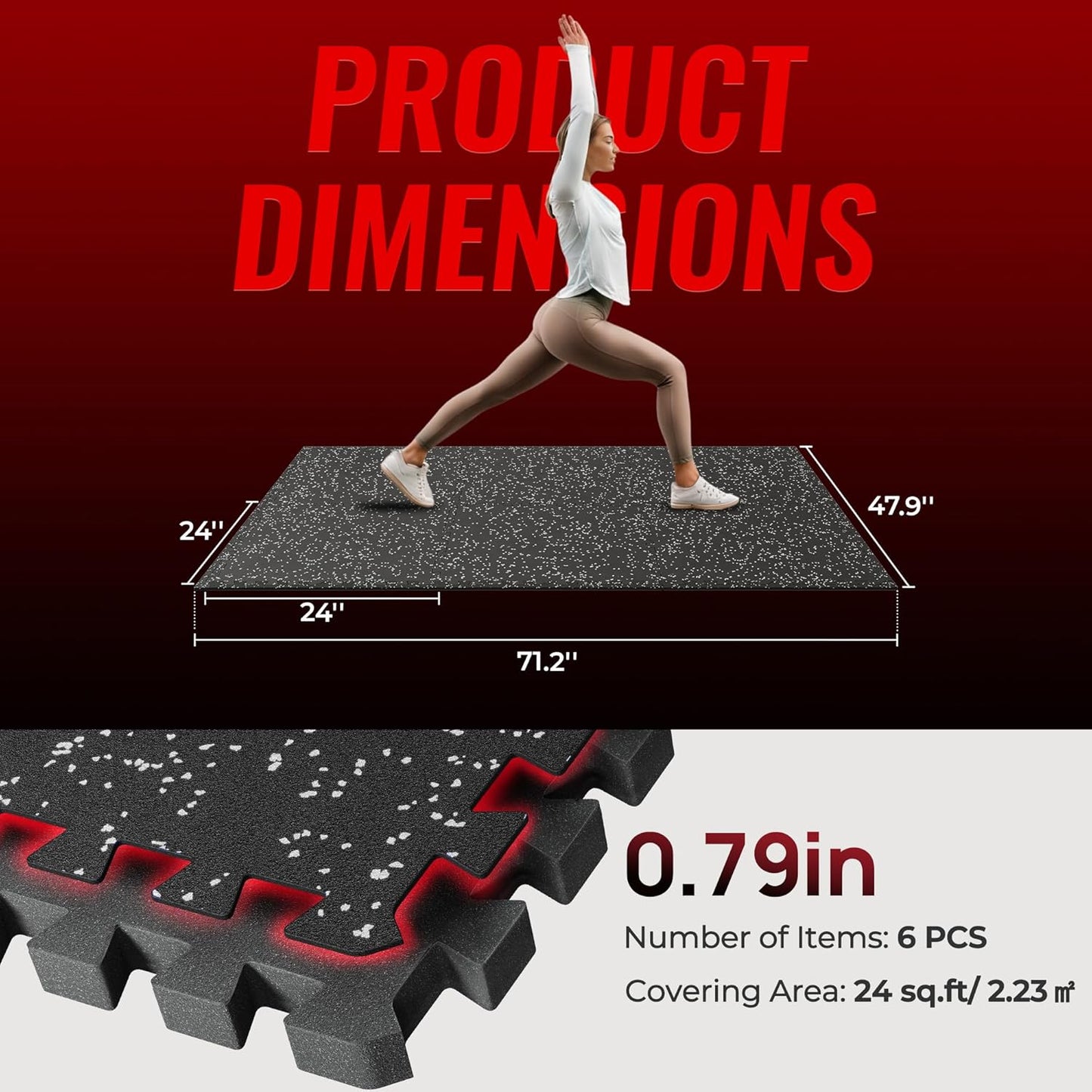 Extra-Thick Exercise Equipment Mats - 6 Pcs Interlocking Gym Flooring | High Density EVA Foam, 24 Sq Ft, Black/Grey