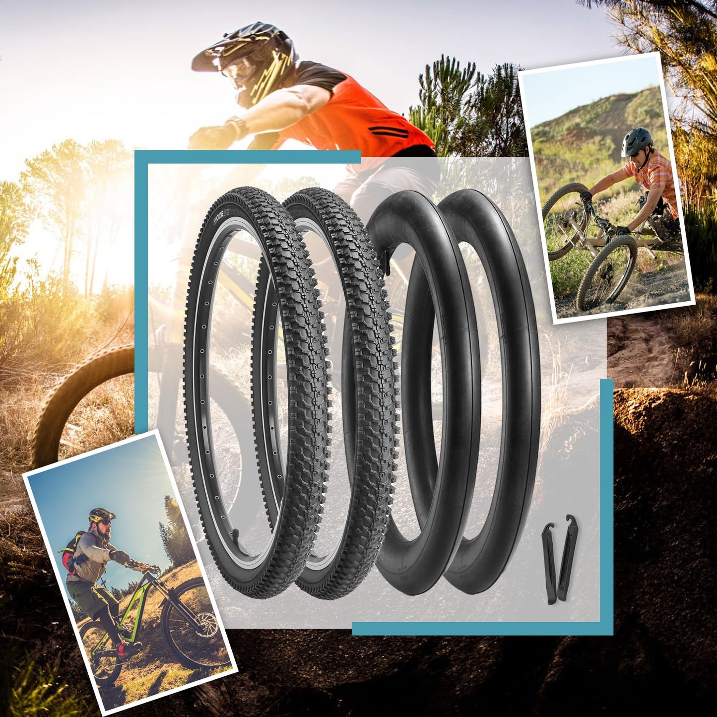 26-inch Mountain Bike Tires Set: Hycline 2-Pack 26x1.95 inch (54-559mm) Folding Replacement Puncture-Resistant Bicycle Tires and Pair 26-inch Inner Tubes with Tire Levers for MTB Off-Road Bike