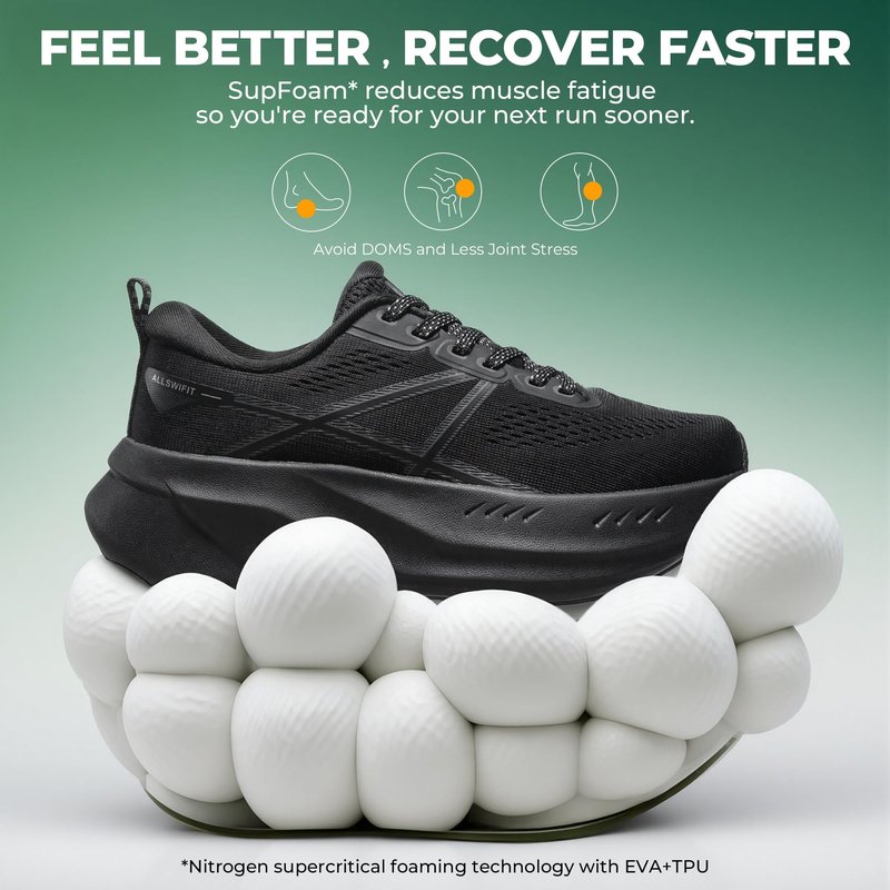 ALLSWIFIT Women's Road Running Shoes Cushion Tennis Shoes Non-Slip Comfortable Lightweight Gym Workout Athletic Arch Support Walking Sneakers Active5K,Size 8.5,All Black,AWUMRS2503