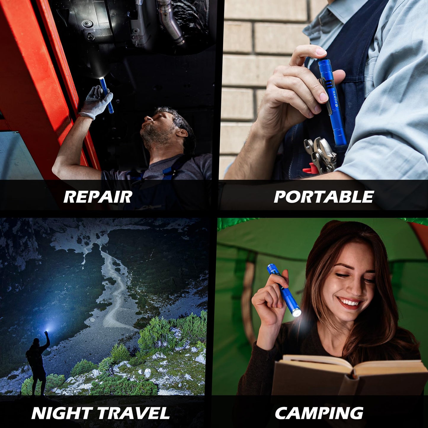 FORTO LED Pen Light, 200 Lumens Pocket Flashlight, IP67 Waterproof, 2 Modes, 2 Pack with AAA Batteries, Lightweight & Durable for Inspection, Medical Use, Emergency(Blue)