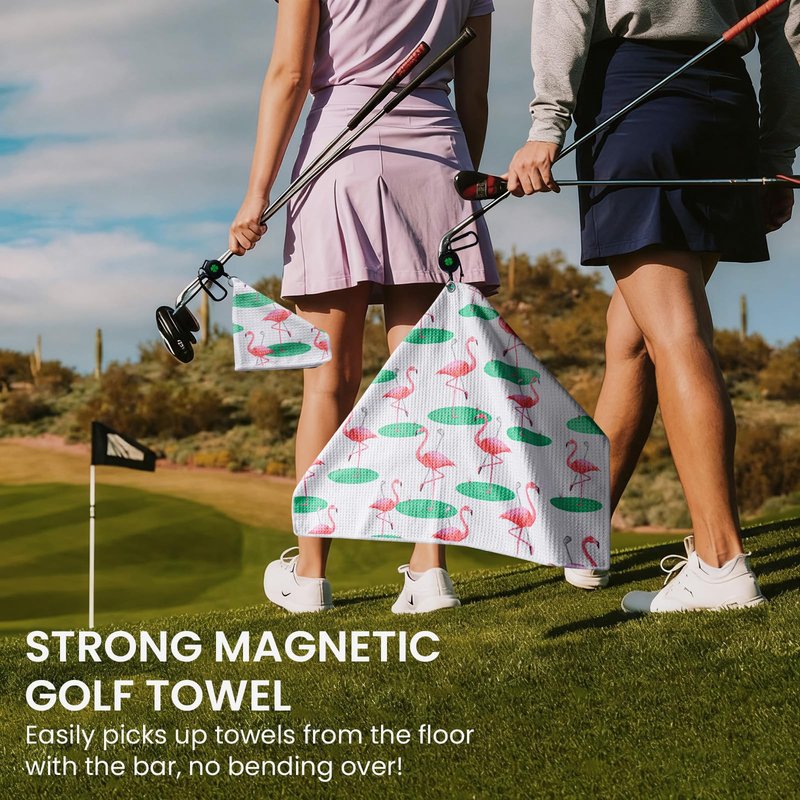 Golf Towels for Golf Bags Value 2 Pack 21"x16" and 12"x8" Set with Strong Magnetic Retractable Carabiner, Microfiber Waffle Towel Pattern Lightweight Absorbent Gift for Women Ladies (Flamingo&White)