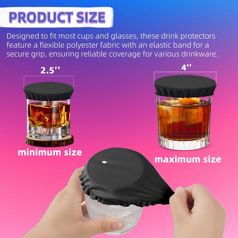 VIKOS Products 15-Pack Drink Cover Scrunchie, Reusable Elastic Cup Cover with Straw Hole for Outdoor Dining, Travel & Parties, Washable Fabric Drink Protector for Cups & Glasses - Black